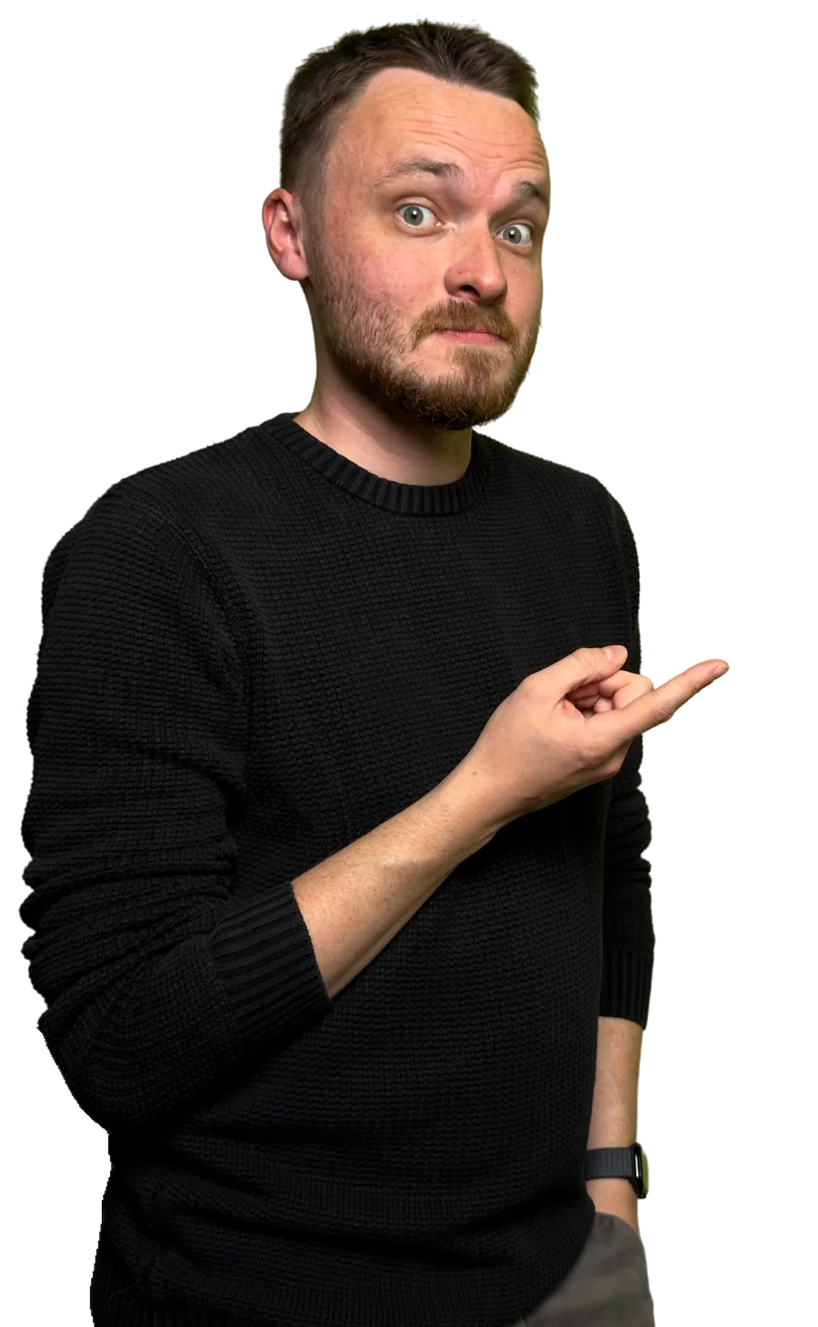 Anthony in a black jumper, eyebrows raised, pointing at the booking buttons